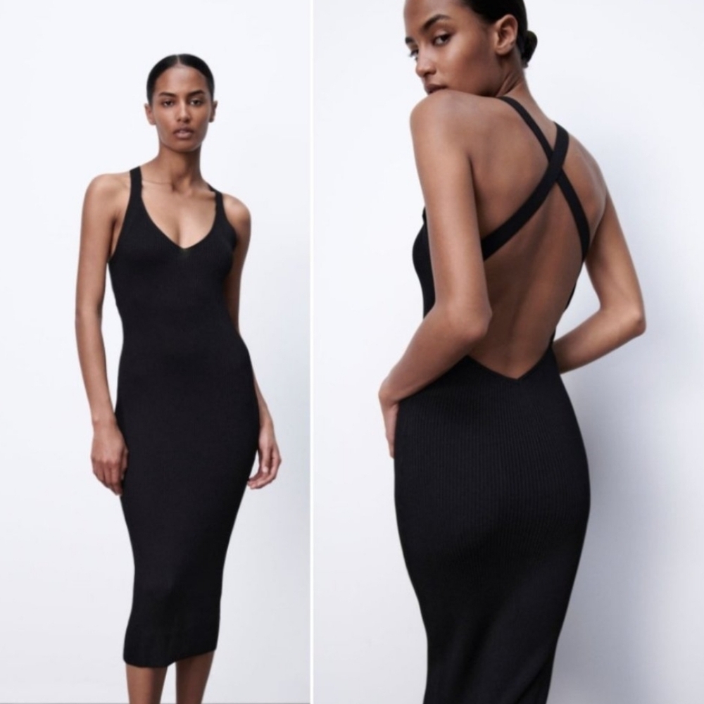 Zara Black Ribbed Knit Cross Back Midi Dress, Size M